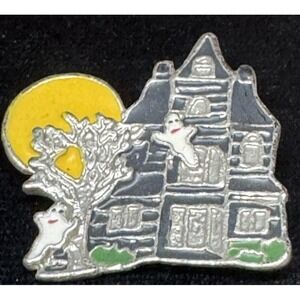 Vintage Halloween Haunted House Ghost Enamel Brooch Pin Spooky Moon
